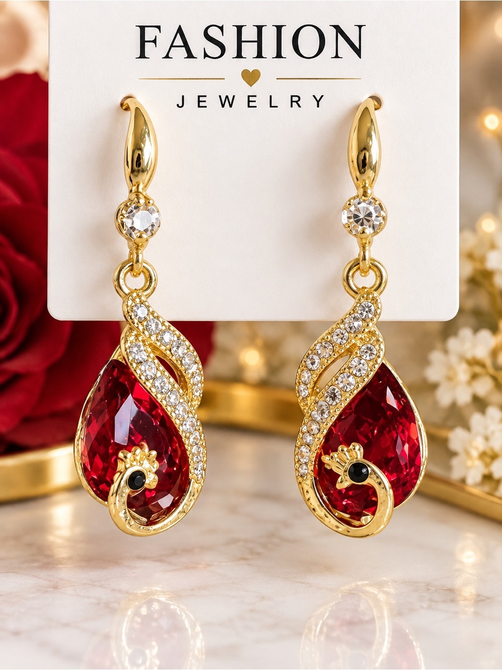 Fashion Jewelry Gold Drop Earrings with Red Teardrop Stones